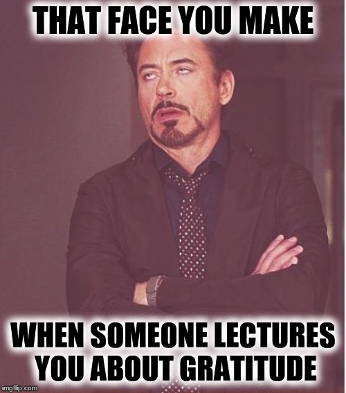A lecture just makes me more grateful | THAT FACE YOU MAKE; WHEN SOMEONE LECTURES YOU ABOUT GRATITUDE | image tagged in face you make robert downey jr,lecture,gtatitude,grateful | made w/ Imgflip meme maker