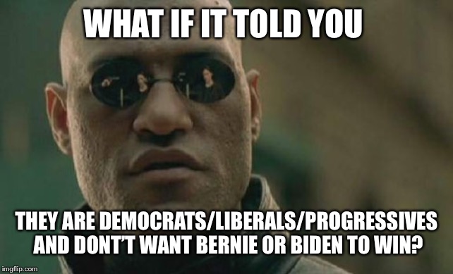 Matrix Morpheus Meme | WHAT IF IT TOLD YOU THEY ARE DEMOCRATS/LIBERALS/PROGRESSIVES AND DONT’T WANT BERNIE OR BIDEN TO WIN? | image tagged in memes,matrix morpheus | made w/ Imgflip meme maker