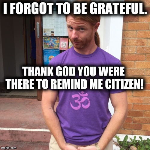Doesn't a gentle reminder help? | I FORGOT TO BE GRATEFUL. THANK GOD YOU WERE THERE TO REMIND ME CITIZEN! | image tagged in jp sears the spiritual guy,grateful,reminder,good guy greg,creepy condescending wonka | made w/ Imgflip meme maker