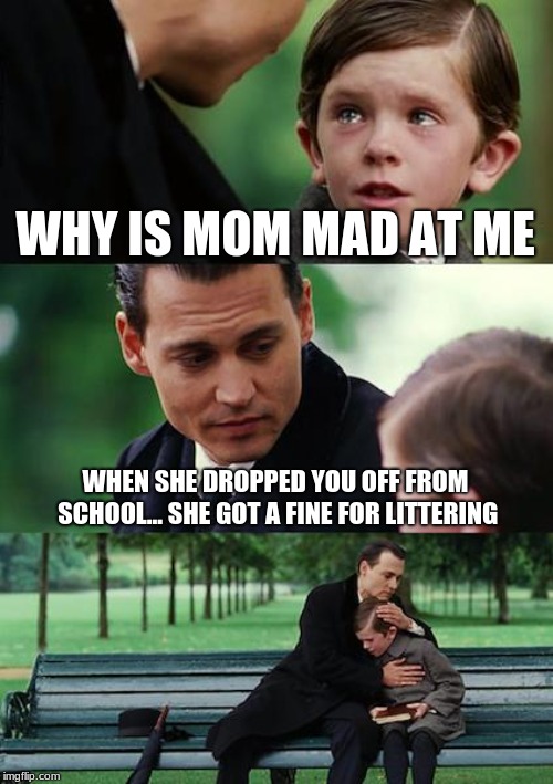 Finding Neverland Meme | WHY IS MOM MAD AT ME; WHEN SHE DROPPED YOU OFF FROM SCHOOL... SHE GOT A FINE FOR LITTERING | image tagged in memes,finding neverland | made w/ Imgflip meme maker