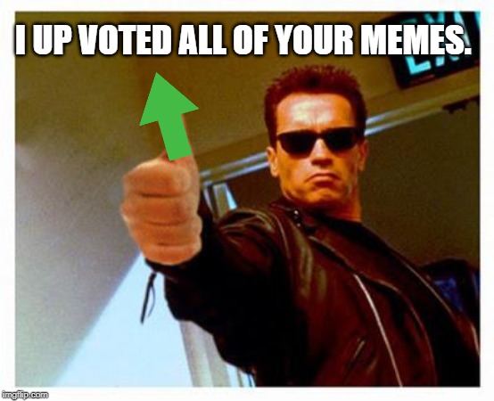 terminator thumbs up | I UP VOTED ALL OF YOUR MEMES. | image tagged in terminator thumbs up | made w/ Imgflip meme maker