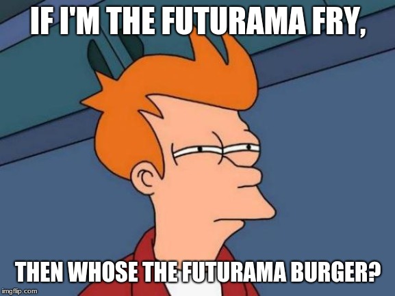 Futurama Fry Meme | IF I'M THE FUTURAMA FRY, THEN WHOSE THE FUTURAMA BURGER? | image tagged in memes,futurama fry | made w/ Imgflip meme maker