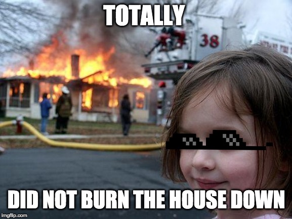 Disaster Girl | TOTALLY; DID NOT BURN THE HOUSE DOWN | image tagged in memes,disaster girl | made w/ Imgflip meme maker