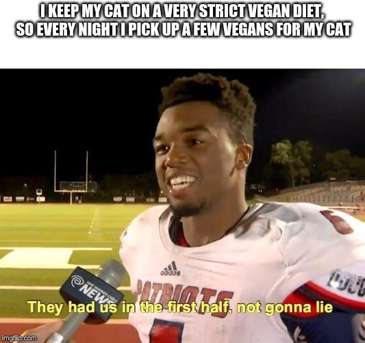 They had us in the first half | I KEEP MY CAT ON A VERY STRICT VEGAN DIET, SO EVERY NIGHT I PICK UP A FEW VEGANS FOR MY CAT | image tagged in they had us in the first half | made w/ Imgflip meme maker