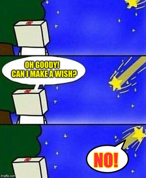 shooting star | OH GOODY!   CAN I MAKE A WISH? NO! | image tagged in shooting star | made w/ Imgflip meme maker
