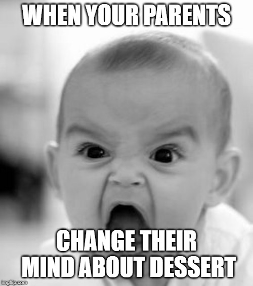 Angry Baby Meme | WHEN YOUR PARENTS; CHANGE THEIR MIND ABOUT DESSERT | image tagged in memes,angry baby | made w/ Imgflip meme maker
