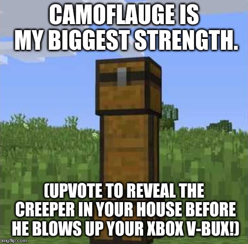 Chest Creeper | CAMOFLAUGE IS MY BIGGEST STRENGTH. (UPVOTE TO REVEAL THE CREEPER IN YOUR HOUSE BEFORE HE BLOWS UP YOUR XBOX V-BUX!) | image tagged in chest creeper | made w/ Imgflip meme maker