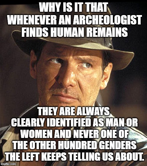 Indiana jones | WHY IS IT THAT WHENEVER AN ARCHEOLOGIST FINDS HUMAN REMAINS; THEY ARE ALWAYS CLEARLY IDENTIFIED AS MAN OR WOMEN AND NEVER ONE OF THE OTHER HUNDRED GENDERS THE LEFT KEEPS TELLING US ABOUT. | image tagged in indiana jones | made w/ Imgflip meme maker