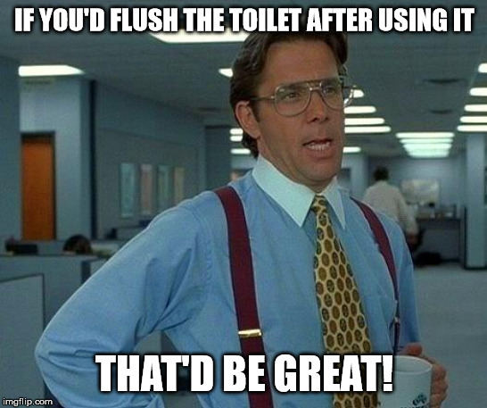 Known issue to you? | IF YOU'D FLUSH THE TOILET AFTER USING IT; THAT'D BE GREAT! | image tagged in memes,that would be great | made w/ Imgflip meme maker