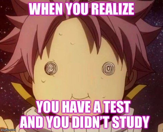 Fairy tail Natsu derp | WHEN YOU REALIZE; YOU HAVE A TEST AND YOU DIDN’T STUDY | image tagged in fairy tail natsu derp | made w/ Imgflip meme maker