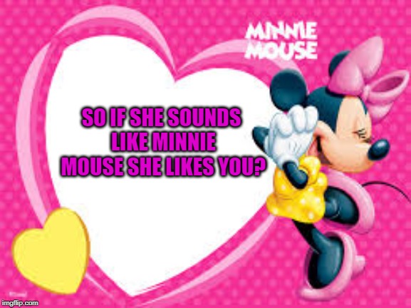 Minnie Mouse | SO IF SHE SOUNDS LIKE MINNIE MOUSE SHE LIKES YOU? | image tagged in minnie mouse | made w/ Imgflip meme maker