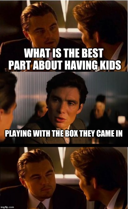 Inception Meme | WHAT IS THE BEST PART ABOUT HAVING KIDS; PLAYING WITH THE BOX THEY CAME IN | image tagged in memes,inception | made w/ Imgflip meme maker