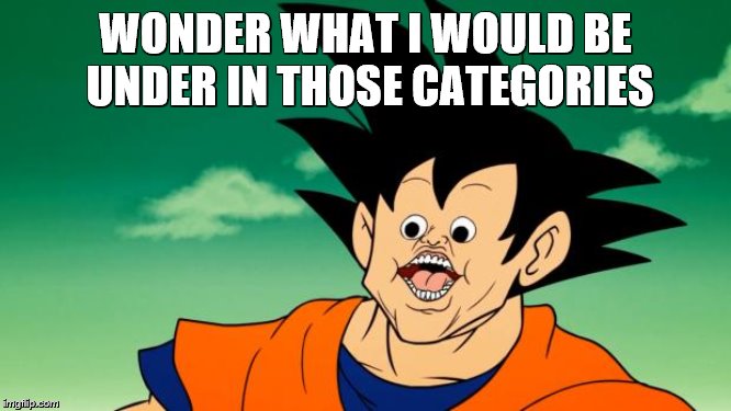 Derpy Interest Goku | WONDER WHAT I WOULD BE UNDER IN THOSE CATEGORIES | image tagged in derpy interest goku | made w/ Imgflip meme maker