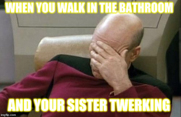 Captain Picard Facepalm Meme | WHEN YOU WALK IN THE BATHROOM; AND YOUR SISTER TWERKING | image tagged in memes,captain picard facepalm | made w/ Imgflip meme maker