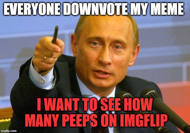 downvote me im going to see how many people on imgflip | EVERYONE DOWNVOTE MY MEME; I WANT TO SEE HOW MANY PEEPS ON IMGFLIP | image tagged in memes,good guy putin | made w/ Imgflip meme maker