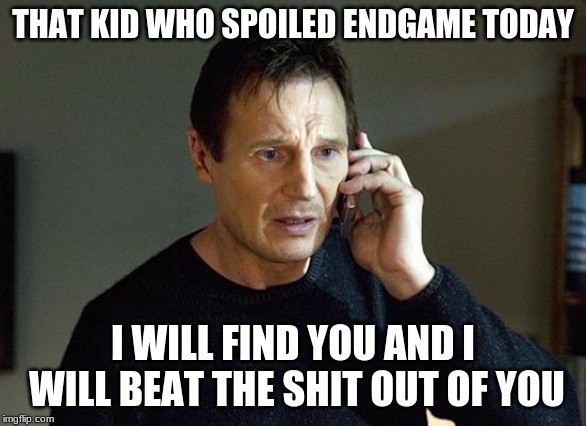 I was literally going to see it on this Saturday | THAT KID WHO SPOILED ENDGAME TODAY; I WILL FIND YOU AND I WILL BEAT THE SHIT OUT OF YOU | image tagged in memes,liam neeson taken 2 | made w/ Imgflip meme maker
