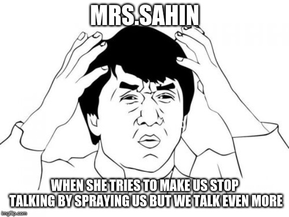 Jackie Chan WTF Meme | MRS.SAHIN; WHEN SHE TRIES TO MAKE US STOP TALKING BY SPRAYING US BUT WE TALK EVEN MORE | image tagged in memes,jackie chan wtf | made w/ Imgflip meme maker