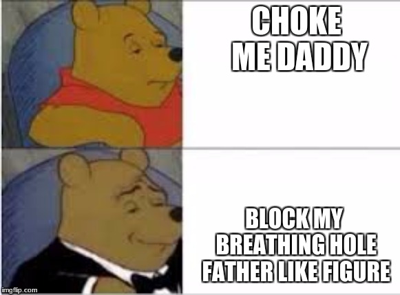 fancy pooh | CHOKE ME DADDY; BLOCK MY BREATHING HOLE FATHER LIKE FIGURE | image tagged in fancy pooh | made w/ Imgflip meme maker