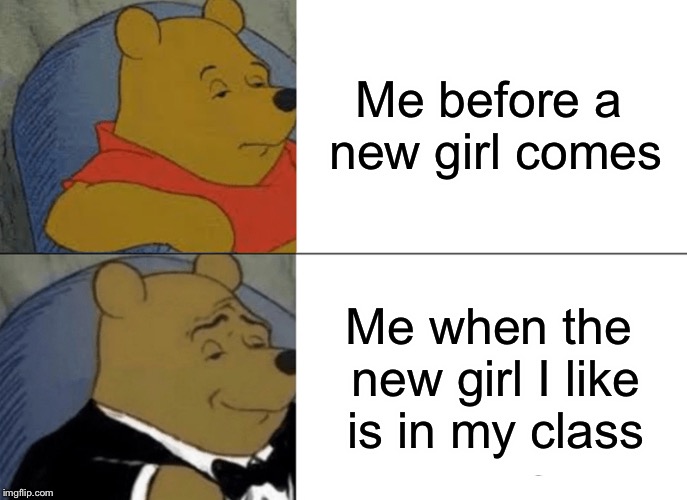 Tuxedo Winnie The Pooh | Me before a new girl comes; Me when the new girl I like is in my class | image tagged in memes,tuxedo winnie the pooh | made w/ Imgflip meme maker