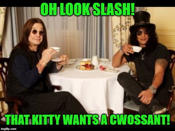 Ozzy and Slash tea time | OH LOOK SLASH! THAT KITTY WANTS A CWOSSANT! | image tagged in ozzy and slash tea time | made w/ Imgflip meme maker