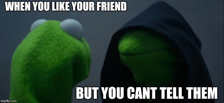 Evil Kermit | WHEN YOU LIKE YOUR FRIEND; BUT YOU CANT TELL THEM | image tagged in memes,evil kermit | made w/ Imgflip meme maker