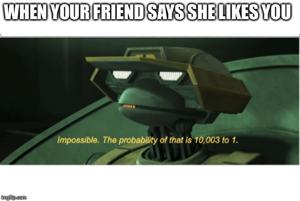 The probability of that is 10003 to one | WHEN YOUR FRIEND SAYS SHE LIKES YOU | image tagged in the probability of that is 10003 to one | made w/ Imgflip meme maker