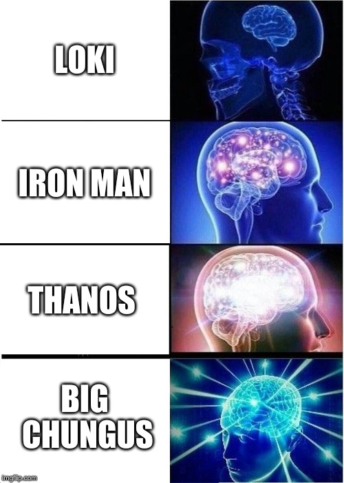 Expanding Brain | LOKI; IRON MAN; THANOS; BIG CHUNGUS | image tagged in memes,expanding brain | made w/ Imgflip meme maker