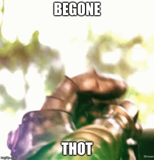 thanos snap | BEGONE; THOT | image tagged in thanos snap | made w/ Imgflip meme maker