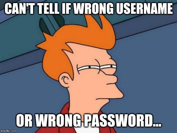 Futurama Fry | CAN'T TELL IF WRONG USERNAME; OR WRONG PASSWORD... | image tagged in memes,futurama fry | made w/ Imgflip meme maker