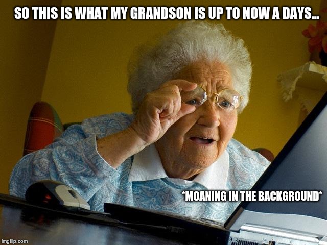 Grandma Finds The Internet | SO THIS IS WHAT MY GRANDSON IS UP TO NOW A DAYS... *MOANING IN THE BACKGROUND* | image tagged in memes,grandma finds the internet | made w/ Imgflip meme maker