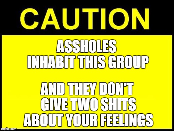 CAUTION | ASSHOLES INHABIT THIS GROUP; AND THEY DON'T GIVE TWO SHITS ABOUT YOUR FEELINGS | image tagged in caution,random,politics,asshole,feelings | made w/ Imgflip meme maker