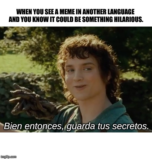I legit wonder what joke the language could be masking. | WHEN YOU SEE A MEME IN ANOTHER LANGUAGE AND YOU KNOW IT COULD BE SOMETHING HILARIOUS. Bien entonces, guarda tus secretos. | image tagged in lotr,spanish,hmm,i wonder | made w/ Imgflip meme maker