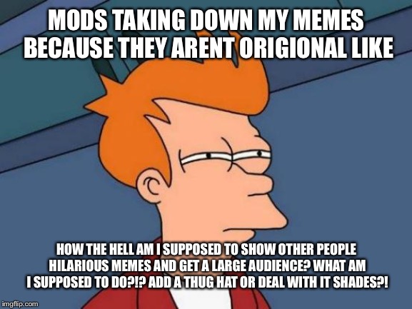 Futurama Fry | MODS TAKING DOWN MY MEMES BECAUSE THEY ARENT ORIGIONAL LIKE; HOW THE HELL AM I SUPPOSED TO SHOW OTHER PEOPLE HILARIOUS MEMES AND GET A LARGE AUDIENCE? WHAT AM I SUPPOSED TO DO?!? ADD A THUG HAT OR DEAL WITH IT SHADES?! | image tagged in memes,futurama fry | made w/ Imgflip meme maker