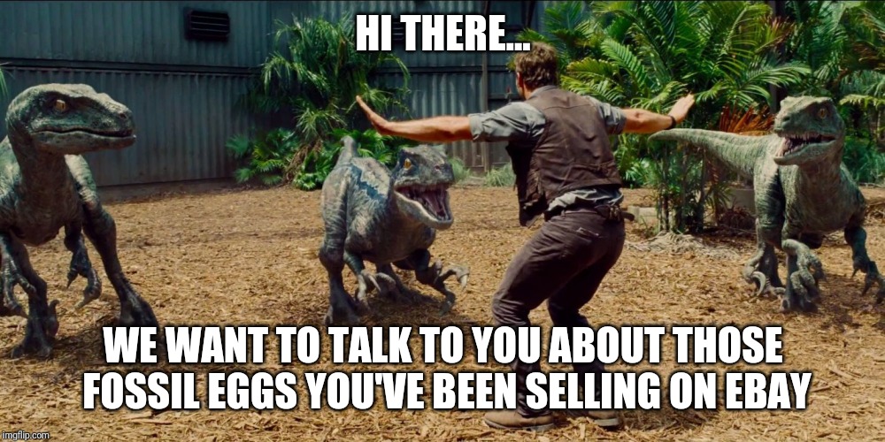 Ebay and dinosaurs | HI THERE... WE WANT TO TALK TO YOU ABOUT THOSE FOSSIL EGGS YOU'VE BEEN SELLING ON EBAY | image tagged in jurassic park raptor | made w/ Imgflip meme maker