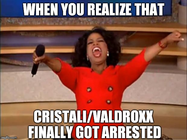 Oprah You Get A | WHEN YOU REALIZE THAT; CRISTALI/VALDROXX FINALLY GOT ARRESTED | image tagged in memes,oprah you get a | made w/ Imgflip meme maker