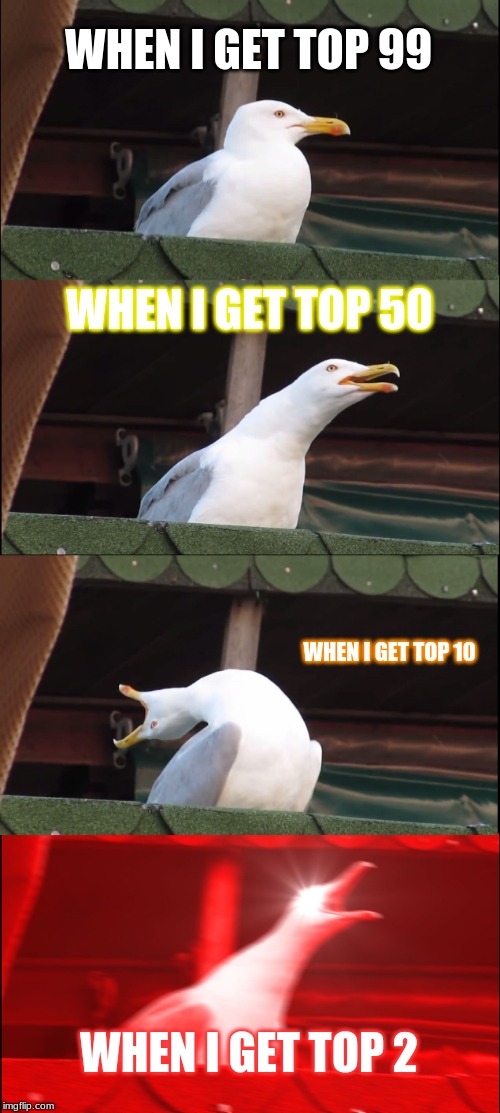 Inhaling Seagull Meme | WHEN I GET TOP 99; WHEN I GET TOP 50; WHEN I GET TOP 10; WHEN I GET TOP 2 | image tagged in memes,inhaling seagull | made w/ Imgflip meme maker