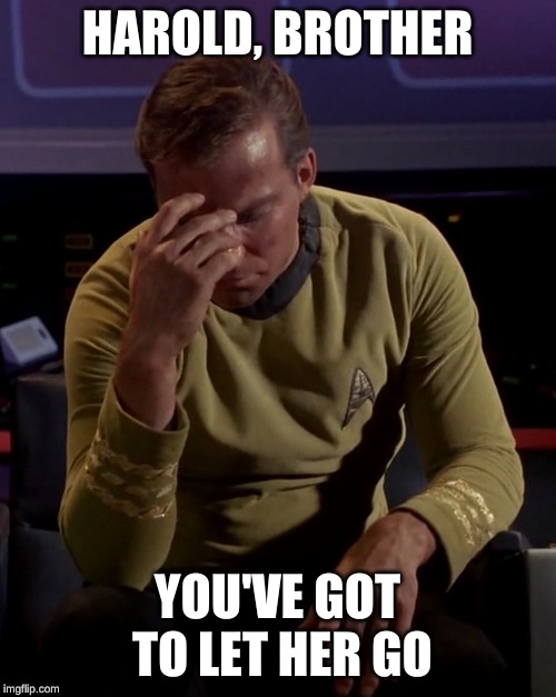 Kirk face palm | HAROLD, BROTHER YOU'VE GOT TO LET HER GO | image tagged in kirk face palm | made w/ Imgflip meme maker