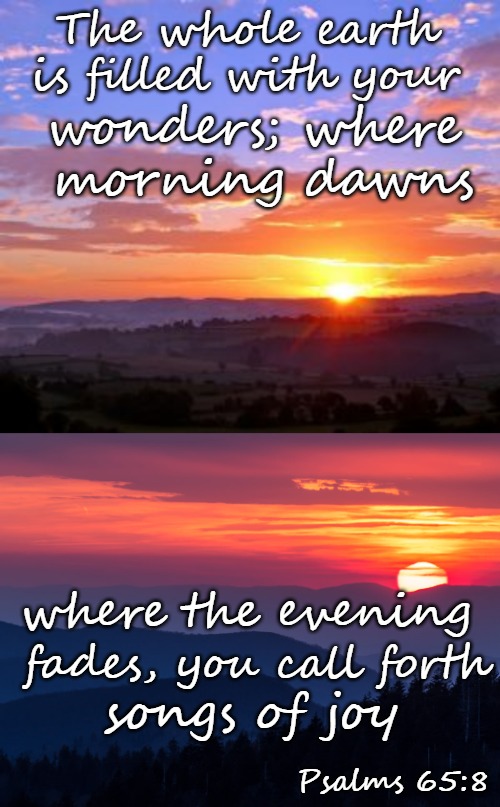 Psalms 65:8 The Whole Earth Is Filled With Wonders |  The whole earth is filled with your; wonders; where morning dawns; where the evening; fades, you call forth; songs of joy; Psalms 65:8 | image tagged in bible,bible verse,verse,holy bible,holyspirit,god | made w/ Imgflip meme maker