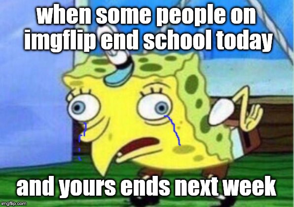 Mocking Spongebob Meme | when some people on imgflip end school today and yours ends next week | image tagged in memes,mocking spongebob | made w/ Imgflip meme maker