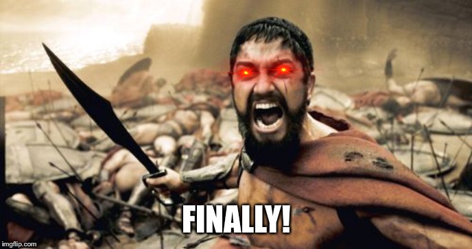 Sparta Leonidas Meme | FINALLY! | image tagged in memes,sparta leonidas | made w/ Imgflip meme maker