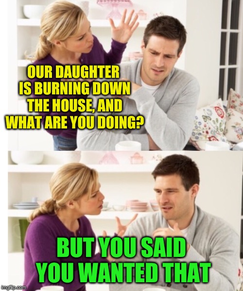 Arguing Couple 1 | OUR DAUGHTER IS BURNING DOWN THE HOUSE, AND WHAT ARE YOU DOING? BUT YOU SAID YOU WANTED THAT | image tagged in arguing couple 1 | made w/ Imgflip meme maker