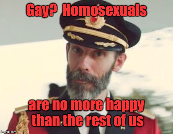 Captain Obvious | Gay?  Homosexuals are no more happy than the rest of us | image tagged in captain obvious | made w/ Imgflip meme maker