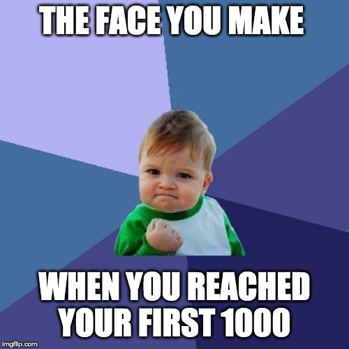 Success Kid Meme | THE FACE YOU MAKE; WHEN YOU REACHED YOUR FIRST 1000 | image tagged in memes,success kid | made w/ Imgflip meme maker