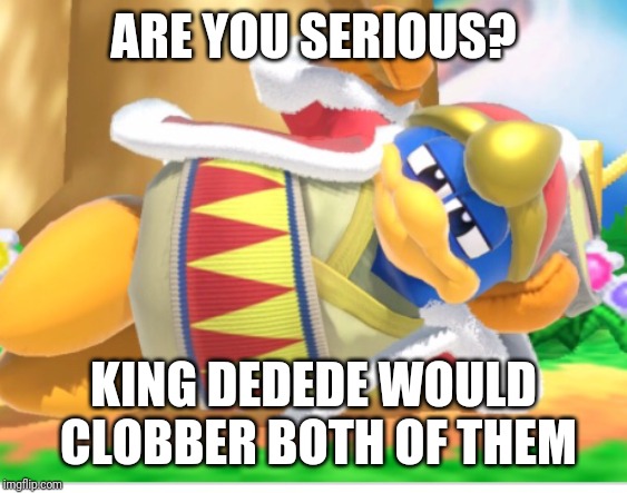 King dedede | ARE YOU SERIOUS? KING DEDEDE WOULD CLOBBER BOTH OF THEM | image tagged in king dedede | made w/ Imgflip meme maker