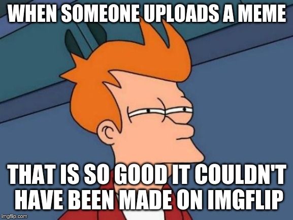 Futurama Fry Meme | WHEN SOMEONE UPLOADS A MEME; THAT IS SO GOOD IT COULDN'T HAVE BEEN MADE ON IMGFLIP | image tagged in memes,futurama fry,meanwhile on imgflip,imgflip,dank memes | made w/ Imgflip meme maker