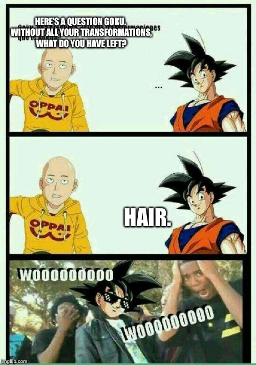 Saitama got roasted! | HERE’S A QUESTION GOKU. WITHOUT ALL YOUR TRANSFORMATIONS, WHAT DO YOU HAVE LEFT? HAIR. | image tagged in dbz,goku,one punch man,roast,anime | made w/ Imgflip meme maker