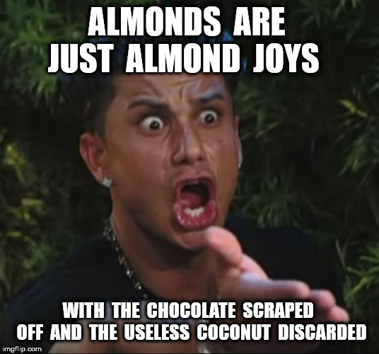 DJ Pauly D Meme | ALMONDS  ARE  JUST  ALMOND  JOYS WITH  THE  CHOCOLATE  SCRAPED  OFF  AND  THE  USELESS  COCONUT  DISCARDED | image tagged in memes,dj pauly d | made w/ Imgflip meme maker