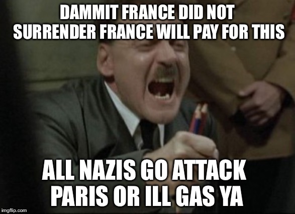 Hitler Downfall | DAMMIT FRANCE DID NOT SURRENDER FRANCE WILL PAY FOR THIS; ALL NAZIS GO ATTACK PARIS OR ILL GAS YA | image tagged in hitler downfall | made w/ Imgflip meme maker