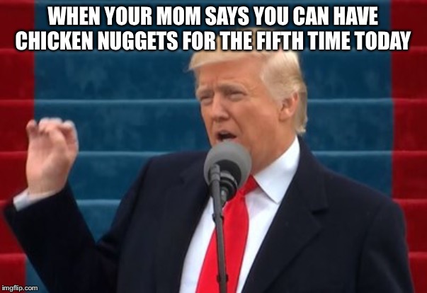 Trump America first | WHEN YOUR MOM SAYS YOU CAN HAVE CHICKEN NUGGETS FOR THE FIFTH TIME TODAY | image tagged in trump america first | made w/ Imgflip meme maker