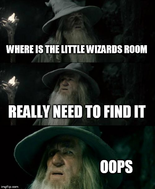 Confused Gandalf Meme | WHERE IS THE LITTLE WIZARDS ROOM; REALLY NEED TO FIND IT; OOPS | image tagged in memes,confused gandalf | made w/ Imgflip meme maker